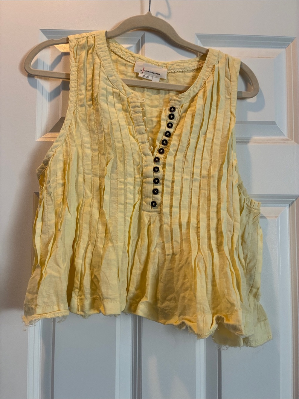 Anthropologie Pale Yellow Pintuck Sleeveless Tank with Button Placket